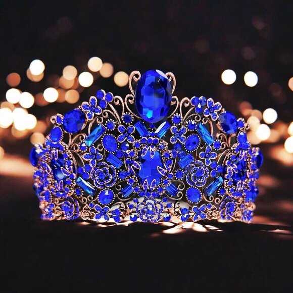 Vintage Handmade Crown, Sapphire Crystal Crown, Victorian Tiara, Copper Crown